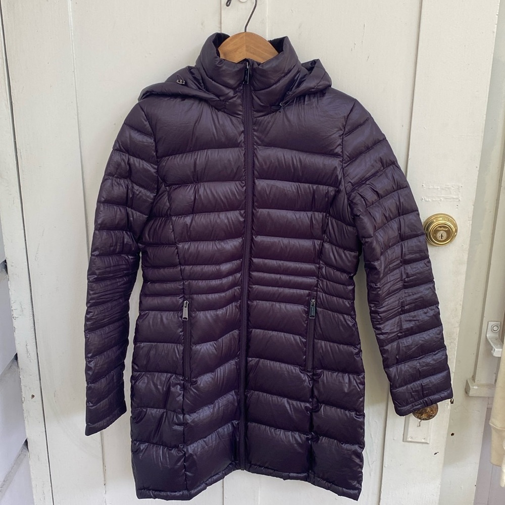Women Andrew Marc Packable Lightweight Down Parka Small Purple Quilted Hood Long